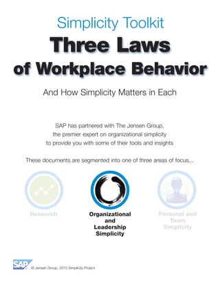 © Jensen Group, 2015 Simplicity Project
Simplicity Toolkit
Three Laws
of Workplace Behavior
SAP has partnered with The Jensen Group,
the premier expert on organizational simplicity
to provide you with some of their tools and insights
These documents are segmented into one of three areas of focus...
And How Simplicity Matters in Each
Research Organizational
and
Leadership
Simplicity
Personal and
Team
Simplicity
 