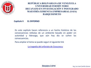 REPÚBLICA BOLIVARIANA DE VENEZUELA 
UNIVERSIDAD FERMÍN TORO 
DECANATO EN INVESTIGACIÓN Y POSTGRADO 
MAESTRÍA GERENCIA EMPRESARIAL (SAIA) 
BARQUISIMETO 
En este capítulo hacen referencia a un hecho histórico de las 
consecuencias nefastas de un ambiente basado en poder sin 
autoridad y liderazgo, que aún hoy día se sufren las 
consecuencias. 
Para ampliar el tema se puede seguir el siguiente link 
Octubre 2.014 Ing. Luis José Castillo Gómez 
Capitulo V EL ENTORNO 
La tragedia del orfanato de Ceaucescu 
 