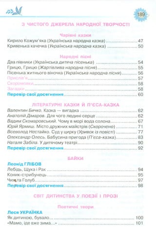 189
З ЧИСТОГО ДЖЕРЕЛА НАРОДНОЇ ТВОРЧОСТІ
Чарівні казки
Кирило Кожум’яка (Українська народна казка)............................47
Кривенька качечка (Українська народна казка)...........................50
Народні пісні
Два півники (Українська дитяча пісенька) .................................... 54
Грицю, Грицю (Жартівлива народна пісня)................................... 55
Пісенька житнього віночка (Українська народна пісня).............. 56
Прислів’я...............................................................................................57
Скоромовки.......................................................................................... 58
Загадки................................................................................................. 58
Перевір свої досягнення................................................................ 60
ЛІТЕРАТУРНІ КАЗКИ Й П’ЄСА-КАЗКА
Валентин Бичко. Казка — вигадка..................................................62
Анатолій Дімаров. Для чого людині серце.................................... 62
Вадим Скомаровський. Чому в морі вода солона........................67
Юрій Ярмиш. Місто дружних майстрів (Скорочено) ....................71
Всеволод Нестайко. Суд у цирку (Уривок із повісті)...................77
Олександр Олесь. Бабусина пригода (П’єса-казка)...................83
Наталя Забіла. У дитячому театрі.................................................... 90
Перевір свої досягнення................................................................ 92
БАЙКИ
Леонід ГЛІБОВ
Лебідь, Щука і Р ак.............................................................................. 94
Коник-стрибунець...............................................................................95
Чихіта Голуб.........................................................................................97
Перевір свої досягнення................................................................ 98
СВІТ ДИТИНСТВА У ПОЕЗІЇ І ПРОЗІ
Поетичні твори
Леся УКРАЇНКА
Як дитиною, бувало........................................................................100
«Мамо, іде вже зима...»................................................................ 101
 