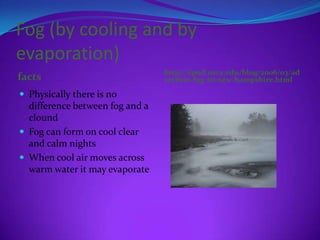 Fog (by cooling and by
evaporation)
                                 http://epod.usra.edu/blog/2006/03/ad
facts                            vection-fog-in-new-hampshire.html

 Physically there is no
  difference between fog and a
  clound
 Fog can form on cool clear
  and calm nights
 When cool air moves across
  warm water it may evaporate
 
