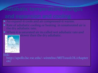 Adiabatic temperature changes
 and expansion and cooling
 Air expand-it cools and air compressed-it warms.
 Rate of adiabatic cooling or heating in unsaturated air is
  the dry adiabatic rate.
 When it is saturated air its called wet adiabatic rate and
  that dry's slower then the dry adiabatic.




link:
   http://apollo.lsc.vsc.edu/~wintelsw/MET1010LOL/chapter
   06/
 