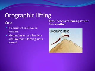 Orographic lifting
                                    http://www.crh.noaa.gov/unr
facts                               /?n=weather
 It occurs when elevated
  terrains
 Mountains act as a barriers
  air flow that is forcing air to
  ascend
 
