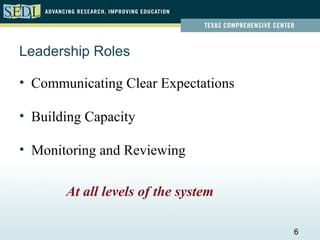 Leadership Roles

• Communicating Clear Expectations

• Building Capacity

• Monitoring and Reviewing

       At all levels of the system

                                     6
 