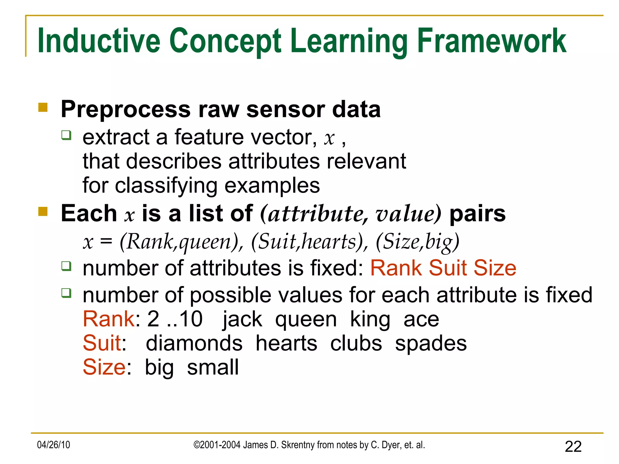 Inductive Concept Learning Framework Preprocess raw sensor data extract a feature vector,  x  ,   that describes attributes relevant for classifying examples Each  x  is a list of  (attribute, value)  pairs x = (Rank,queen), (Suit,hearts), (Size,big)   number of attributes is fixed:  Rank Suit Size number of possible values for each attribute is fixed Rank : 2 ..10 jack  queen  king  ace Suit :  diamonds  hearts  clubs  spades Size :  big  small 