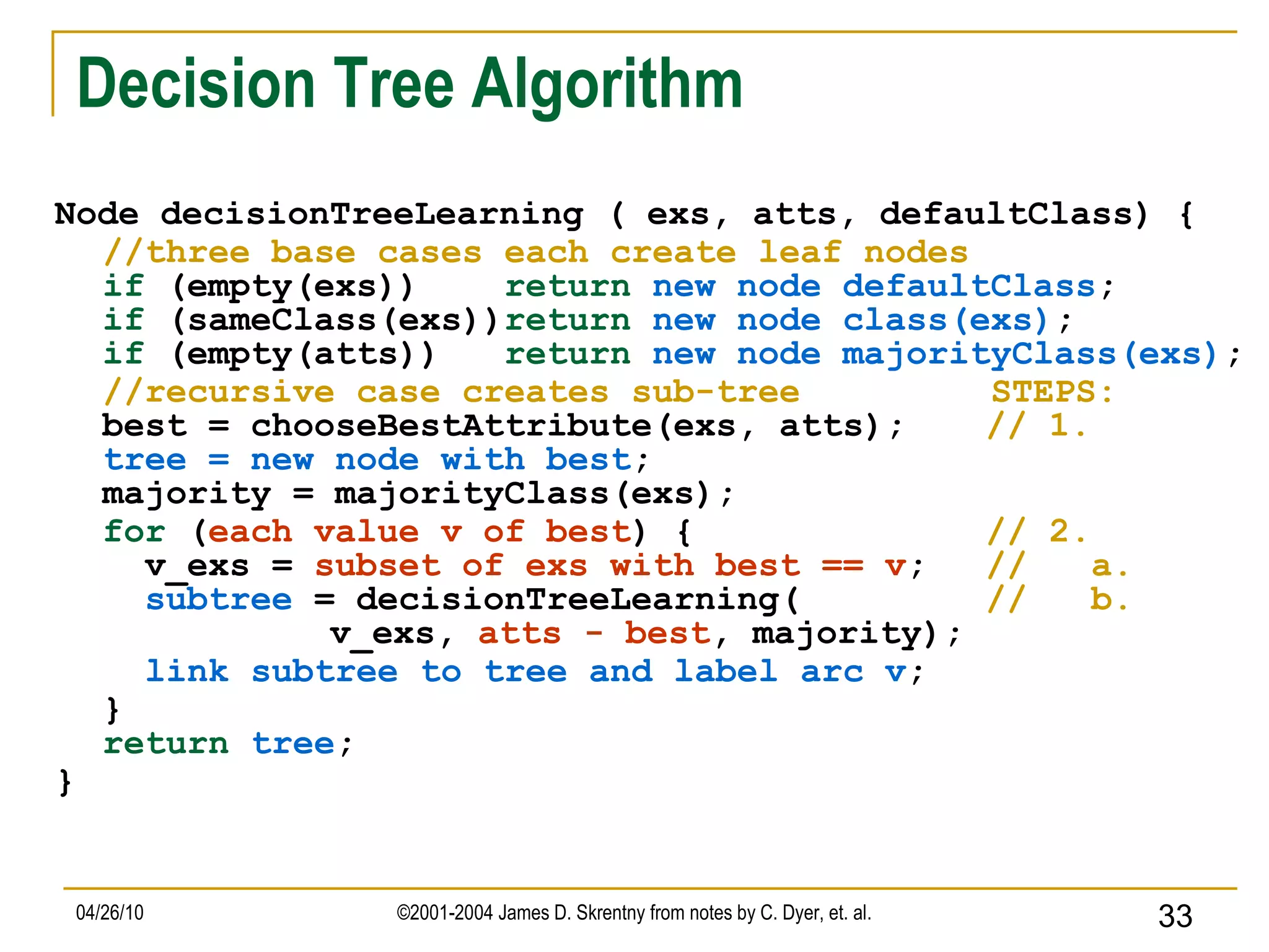 Decision Tree Algorithm Node decisionTreeLearning ( exs, atts, defaultClass) { //three base cases each create leaf nodes if  (empty(exs))  return   new node defaultClass ;  if  (sameClass(exs)) return   new node class(exs) ; if  (empty(atts))  return   new node majorityClass(exs) ; //recursive case creates sub-tree  STEPS: best = chooseBestAttribute(exs, atts);   // 1. tree = new node with best ; majority = majorityClass(exs); for   ( each value v of best ) {   // 2.   v_exs =  subset of exs with best == v ;   //  a.   subtree  = decisionTreeLearning(   //  b.  v_exs,  atts - best , majority);   link subtree to tree and label arc v ; } return   tree ; } 