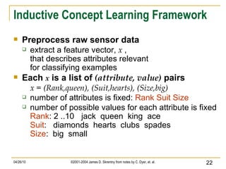 Inductive Concept Learning Framework Preprocess raw sensor data extract a feature vector,  x  ,   that describes attributes relevant for classifying examples Each  x  is a list of  (attribute, value)  pairs x = (Rank,queen), (Suit,hearts), (Size,big)   number of attributes is fixed:  Rank Suit Size number of possible values for each attribute is fixed Rank : 2 ..10 jack  queen  king  ace Suit :  diamonds  hearts  clubs  spades Size :  big  small 