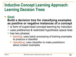 Inductive Concept Learning Approach: Learning Decision Trees Goal: Build a decision tree for classifying examples as positive or negative instances of a concept is form of supervised concept learning by induction uses preference & restricted hypothesis space bias  has two phases: learning : uses batch processing of training examples to produce a classifier classifying : uses classifier to make predictions about unseen examples 