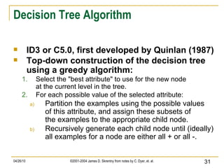 Decision Tree Algorithm ID3 or C5.0, first developed by Quinlan (1987) Top-down construction of the decision tree using a greedy algorithm: Select the "best attribute" to use for the new node at the current level in the tree. For each possible value of the selected attribute: Partition the examples using the possible values of this attribute, and assign these subsets of the examples to the appropriate child node. Recursively generate each child node until (ideally) all examples for a node are either all + or all -. 