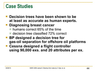 Case Studies Decision trees have been shown to be at least as accurate as human experts. Diagnosing breast cancer humans correct 65% of the time decision tree classified 72% correct BP designed a decision tree for gas-oil separation for offshore oil platforms Cessna designed a flight controller using 90,000 exs. and 20 attributes per ex.  