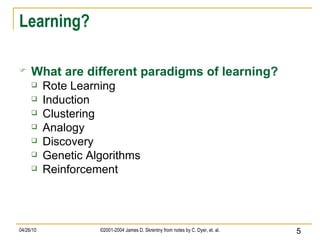 Learning? What are different paradigms of learning? Rote Learning Induction Clustering Analogy Discovery Genetic Algorithms Reinforcement 
