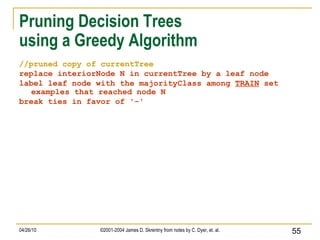 Pruning Decision Trees  using a Greedy Algorithm //pruned copy of currentTree replace interiorNode N in currentTree by a leaf node label leaf node with the majorityClass among  TRAIN  set examples that reached node N break ties in favor of '-' 