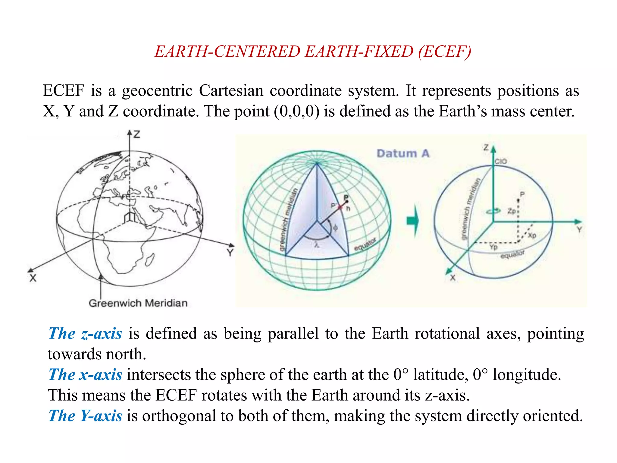 EARTH-CENTERED EARTH-FIXED (ECEF)
ECEF is a geocentric Cartesian coordinate system. It represents positions as
X, Y and Z coordinate. The point (0,0,0) is defined as the Earth’s mass center.
The z-axis is defined as being parallel to the Earth rotational axes, pointing
towards north.
The x-axis intersects the sphere of the earth at the 0° latitude, 0° longitude.
This means the ECEF rotates with the Earth around its z-axis.
The Y-axis is orthogonal to both of them, making the system directly oriented.
 