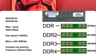 20
SIMM32 bit
DIMM64 bit
8bits = 1byte
64bits=8byte
Ram speed is 100MHz
8btye x 100= 800Mps
Calculate ram speed by
Frequency x Bitrate=Mbps
 