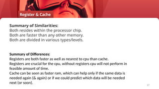 37
Summary of Similarities:
Both resides within the processor chip.
Both are faster than any other memory.
Both are divided in various types/levels.
Summary of Differences:
Registers are both faster as well as nearest to cpu than cache.
Registers are crucial for the cpu, without registers cpu will not perform in
feasible amount of time.
Cache can be seen as faster ram, which can help only if the same data is
needed again (& again) or if we could predict which data will be needed
next (or soon).
Register & Cache
 
