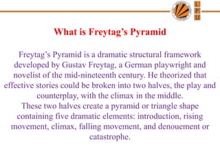 What is Freytag’s Pyramid
Freytag’s Pyramid is a dramatic structural framework
developed by Gustav Freytag, a German playwright and
novelist of the mid-nineteenth century. He theorized that
effective stories could be broken into two halves, the play and
counterplay, with the climax in the middle.
These two halves create a pyramid or triangle shape
containing five dramatic elements: introduction, rising
movement, climax, falling movement, and denouement or
catastrophe.
 