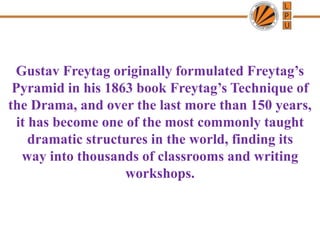 Gustav Freytag originally formulated Freytag’s
Pyramid in his 1863 book Freytag’s Technique of
the Drama, and over the last more than 150 years,
it has become one of the most commonly taught
dramatic structures in the world, finding its
way into thousands of classrooms and writing
workshops.
 