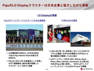 LG Displayの革新
6/7
PajuのLG Displayクラスタ－は日本企業と協力しながら革新
Pajuのディスプレークラスターに日本企業誘致
日本電気硝子(NEG)と LGの合弁会社
である Paju Electric Glassの...