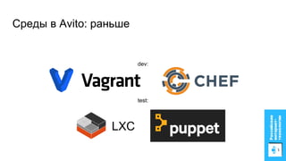 Среды в Avito: раньше
LXC
dev:
test:
 
