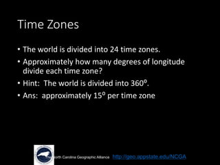 Time Zones
• The world is divided into 24 time zones.
• Approximately how many degrees of longitude
divide each time zone?
• Hint: The world is divided into 360⁰.
• Ans: approximately 15⁰ per time zone
The North Carolina Geographic Alliance http://geo.appstate.edu/NCGA
 