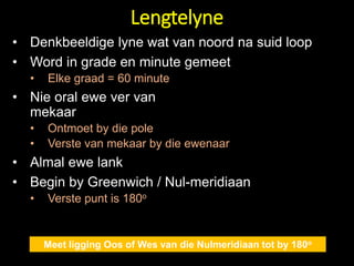 Lengtelyne
• Denkbeeldige lyne wat van noord na suid loop
• Word in grade en minute gemeet
• Elke graad = 60 minute
• Nie oral ewe ver van
mekaar
• Ontmoet by die pole
• Verste van mekaar by die ewenaar
• Almal ewe lank
• Begin by Greenwich / Nul-meridiaan
• Verste punt is 180o
Meet ligging Oos of Wes van die Nulmeridiaan tot by 180o
 