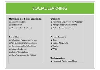 SOCIAL LEARNING

Merkmale des Social Learnings:    Grenzen:
๏ Zusammenarbeit                  ๏ Fehlendes Know How der Ausbilder
๏ Partizipation                   ๏ Reifegrad des Unternehmens
๏ User erstellen den Inhalt       ๏ Kultur des Unternehmens


Potential:                        Anwendungen:
๏ In Sozialen Netzwerken lernen   ๏ Blogs
๏ Von Gemeinschaften proﬁtieren   ๏ Soziale Netzwerke
๏ Gemeinsames Probelemlösen       ๏ Tagging
๏ Informelles Lernen              ๏ Wikis
๏ Aktive Mitgestalltung
๏ Hohe Transparenz der Abläufe
                                  Technologien:
                                  ๏ Netzwerk Plattformen, Blogs
 