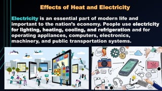 is an essential part of modern life and
important to the nation’s economy. People use electricity
for lighting, heating, cooling, and refrigeration and for
operating appliances, computers, electronics,
machinery, and public transportation systems.
 