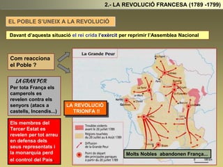 2.- LA REVOLUCIÓ FRANCESA (1789 -1799)
EL POBLE S’UNEIX A LA REVOLUCIÓ
Davant d’aquesta situació el rei crida l’exèrcit per reprimir l’Assemblea Nacional
Com reacciona
el Poble ?
A París les Classes Popular Urbanes Assalten la presó i
arsenal militar de La Bastilla (14 Juliol 1789)
Les noticies del que passa a Paris arriben al camp i es
produeix “ La Gran Por ”.
LA REVOLUCIÓ
TRIONFA !!
Els membres del
Tercer Estat es
revelen per tot arreu
en defensa dels
seus representats i
la monarquia perd
el control del País.
Molts Nobles abandonen França...
LA GRAN POR
Per tota França els
camperols es
revelen contra els
senyors (atacs a
castells, Incendis...)
 