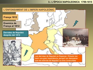 França 1812
Enemics de
França el 1812
Derrotes de Napoleó
després del 1812
L’ENFONSAMENT DE L’IMPERI NAPOLEÒNIC
3.- L’ÈPOCA NAPOLEONICA 1799-1815
Les derrotes de Napoleó en Espanya i Rússia van
tenir una gran importància, perquè van demostrar
que els exèrcits de Napoleó no eren invencibles.
 