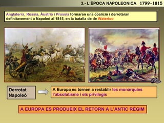 Anglaterra, Rússia, Àustria i Prússia formaran una coalició i derrotaran
definitavement a Napoleó al 1815, en la batalla de de Waterloo
Derrotat
Napoleó
3.- L’ÈPOCA NAPOLEONICA 1799-1815
A Europa es tornen a restablir les monarquies
l’absolutisme i els privilegis
A EUROPA ES PRODUEIX EL RETORN A L’ANTIC RÈGIM
 