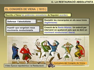 Reunits a Viena les potències vencedores de Napoleó acorden:
Defensar l’absolutisme
Restablir les monarquies en els seus trons
(legitimisme)
Impedir que sorgeixen nous
moviments revolucionaris
Creació de la Santa Alianza, Un exèrcit per
intervenir en qualsevol país que es doni un
moviment revolucionari liberal.
4.- LA RESTAURACIÓ ABSOLUTISTA
EL CONGRÉS DE VIENA ( 1815 )
Vídeo Època napoleònica i la Restauració
 