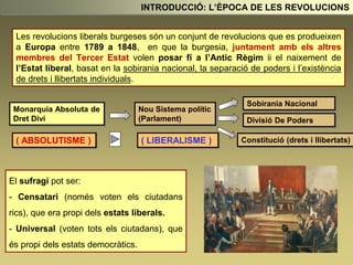 Monarquia Absoluta de
Dret Diví
Nou Sistema polític
(Parlament)
Sobirania Nacional
Divisió De Poders
Constitució (drets i llibertats)
( ABSOLUTISME ) ( LIBERALISME )
INTRODUCCIÓ: L’ÈPOCA DE LES REVOLUCIONS
Les revolucions liberals burgeses són un conjunt de revolucions que es produeixen
a Europa entre 1789 a 1848, en que la burgesia, juntament amb els altres
membres del Tercer Estat volen posar fí a l’Antic Règim ii el naixement de
l’Estat liberal, basat en la sobirania nacional, la separació de poders i l’existència
de drets i llibertats individuals.
El sufragi pot ser:
- Censatari (només voten els ciutadans
rics), que era propi dels estats liberals.
- Universal (voten tots els ciutadans), que
és propi dels estats democràtics.
 