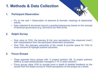 1. Methods & Data Collection
1. Participant Observation
– Fly on the wall = Observation of planners & thematic meetings & stakeholder
events.
– Data collected & structured around a questionnaire/survey based on the concept
of territorial governance (e.g. Schmitt & van Well 2016).
2. Delphi Survey
– Give voice to YOU, the learners & link your perceptions (“the observed ones”)
with interpretations from the participant observation processes.
– Give YOU, the planners ownership of the results & provide space for YOU to
voice concerns & highlight positive outcomes.
3. Focus Groups
– Three separate focus groups with 1) project partners CB, 2) project partners
SWB & 3) case leaders/project managers (+ PL in extra session).
– Focus groups allow YOU to provide more in depth & detailed feedback on the
results from the Delphi survey & YOUR perceptions on the project as a whole.
 