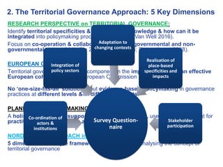 2. The Territorial Governance Approach: 5 Key Dimensions
RESEARCH PERSPECTIVE on TERRITORIAL GOVERNANCE:
Identify territorial specificities & place-based knowledge & how can it be
integrated into policymaking processes (Schmitt & Van Well 2016).
Focus on co-operation & collaboration between governmental and non-
governmental actors (Lidström 2007; Gualini 2008; Davoudi et al 2008).
EUROPEAN COMMISSION:
Territorial governance essential component in the implementation of an effective
European cohesion policy (European Commission 2007).
No ‘one-size-fits-all’ solutions, but evidence-based policymaking in governance
practices at different levels & in different contexts.
PLANNING & POLICY MAKING:
A holistic approach to support spatial planning work, used as an instrument for
practitioners, policymakers and decision-makers.
NORDREGIO’s APPROACH in BALTIC SCOPE:
5 dimensions = Simple framework for examining & analysing the concept of
territorial governance
Survey Question-
naire
Co-ordination of
actors &
institutions
Integration of
policy sectors
Adaptation to
changing contexts
Realisation of
place-based
specificities and
impacts
Stakeholder
participation
 