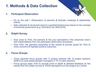 1. Methods & Data Collection
1. Participant Observation
– Fly on the wall = Observation of planners & thematic meetings & ...