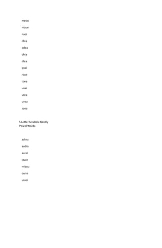 meou
moue
naoi
obia
odea
ohia
olea
quai
roue
toea
unai
urea
uvea
zoea
5 LetterScrabble Mostly
Vowel Words
adieu
audio
aurei
louie
miaou
ourie
uraei
 