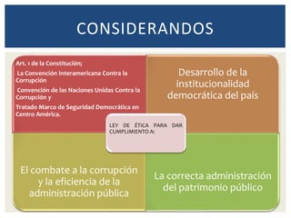 Art. 1 de la Constitución;
La Convención Interamericana Contra la
Corrupción
Convención de las Naciones Unidas Contra la
Corrupción y
Tratado Marco de Seguridad Democrática en
Centro América.
Desarrollo de la
institucionalidad
democrática del país
El combate a la corrupción
y la eficiencia de la
administración pública
La correcta administración
del patrimonio público
LEY DE ÉTICA PARA DAR
CUMPLIMIENTO A:
CONSIDERANDOS
 