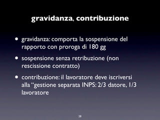 gravidanza, contribuzione

• gravidanza: comporta la sospensione del
  rapporto con proroga di 180 gg
• sospensione senza retribuzione (non
  rescissione contratto)
• contribuzione: il lavoratore deve iscriversi
  alla “gestione separata INPS: 2/3 datore, 1/3
  lavoratore


                         28
 