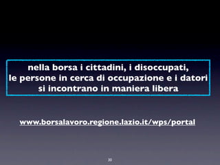 nella borsa i cittadini, i disoccupati,
le persone in cerca di occupazione e i datori
       si incontrano in maniera libera


  www.borsalavoro.regione.lazio.it/wps/portal



                       30
 