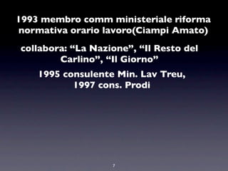 1993 membro comm ministeriale riforma
normativa orario lavoro(Ciampi Amato)
collabora: “La Nazione”, “Il Resto del
        Carlino”, “Il Giorno”
    1995 consulente Min. Lav Treu,
           1997 cons. Prodi




                   7
 