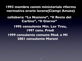 1993 membro comm ministeriale riforma
normativa orario lavoro(Ciampi Amato)
collabora: “La Nazione”, “Il Resto del
        Carlino”, “Il Giorno”
    1995 consulente Min. Lav Treu,
           1997 cons. Prodi
 1999 consulente comune Mod. e MI
      2001 consulente Maroni




                   7
 