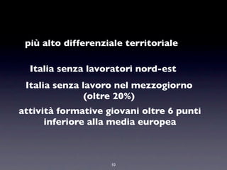 più alto differenziale territoriale

  Italia senza lavoratori nord-est
 Italia senza lavoro nel mezzogiorno
               (oltre 20%)
attività formative giovani oltre 6 punti
      inferiore alla media europea



                    10
 