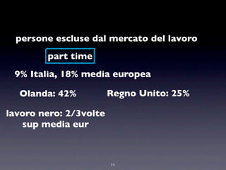 persone escluse dal mercato del lavoro
        part time
 9% Italia, 18% media europea

  Olanda: 42%           Regno Unito: 25%

lavoro nero: 2/3volte
   sup media eur



                        11
 