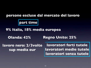 persone escluse dal mercato del lavoro
        part time
 9% Italia, 18% media europea

  Olanda: 42%        Regno Unito: 25%

lavoro nero: 2/3volte lavoratori forti tutele
   sup media eur      lavoratori medie tutele
                      lavoratori senza tutele


                     11
 