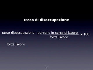tasso di disoccupazione


tasso disoccupazione= persone in cerca di lavoro x 100
                             forza lavoro
  forza lavoro




                           12
 