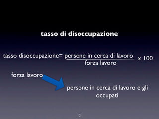 tasso di disoccupazione


tasso disoccupazione= persone in cerca di lavoro x 100
                             forza lavoro
  forza lavoro
                      persone in cerca di lavoro e gli
                                 occupati

                           12
 