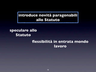 introduce novità paragonabili
            allo Statuto

speculare allo
   Statuto
           ﬂessibilità in entrata mondo
                       lavoro




                  16
 