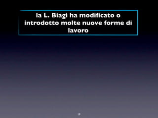 la L. Biagi ha modiﬁcato o
introdotto molte nuove forme di
               lavoro




               19
 