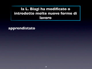 la L. Biagi ha modiﬁcato o
  introdotto molte nuove forme di
                 lavoro

apprendistato




                 19
 