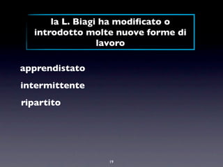 la L. Biagi ha modiﬁcato o
  introdotto molte nuove forme di
                 lavoro

apprendistato
intermittente
ripartito




                 19
 