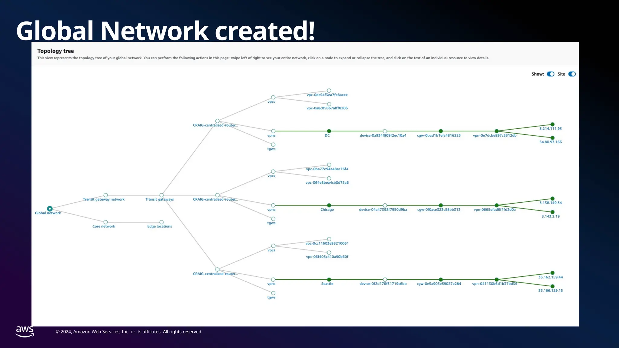 © 2024, Amazon Web Services, Inc. or its affiliates. All rights reserved.
Global Network created!
 